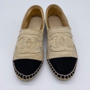 100% Authentic CHANEL BeigeBlack Linen Espadrilles